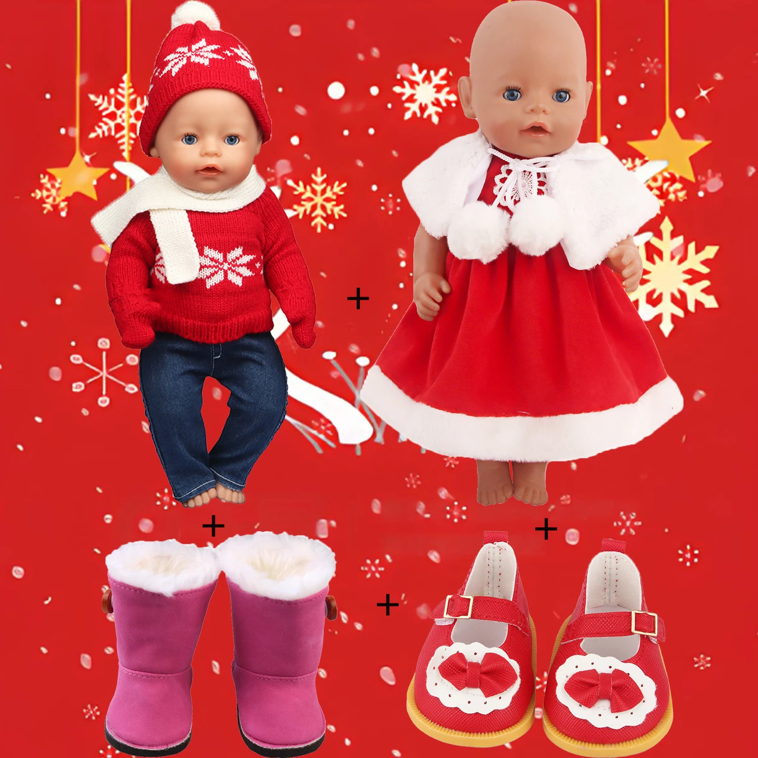 

2 комплекта рождественских кукольных нарядов + 1 ботинка + 1 обувь, одежда для 18-дюймовых американских кукол, милая одежда для кукол 43 см для новорожденных девочек