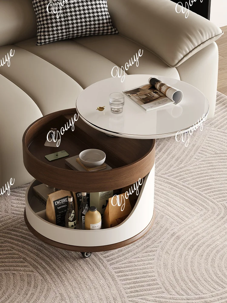 

Movable round coffee table living room home modern simple light luxury, rotating solid wood trolley