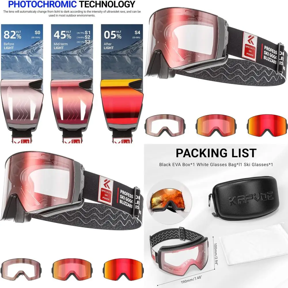 

Photochromic Ski Goggles with Anti-fog, UV400 Protection, Magnetic Lenses, OTG Compatible for Men and Women