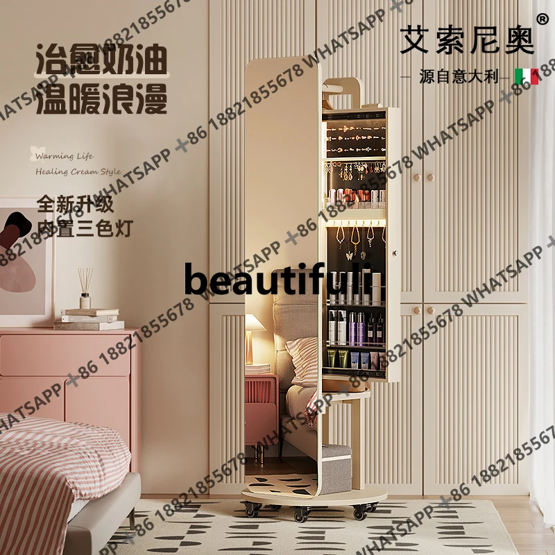 Light luxury cream-style floor mirror, rotating hanging hanger, integrated high-end bedroom full-length mirror