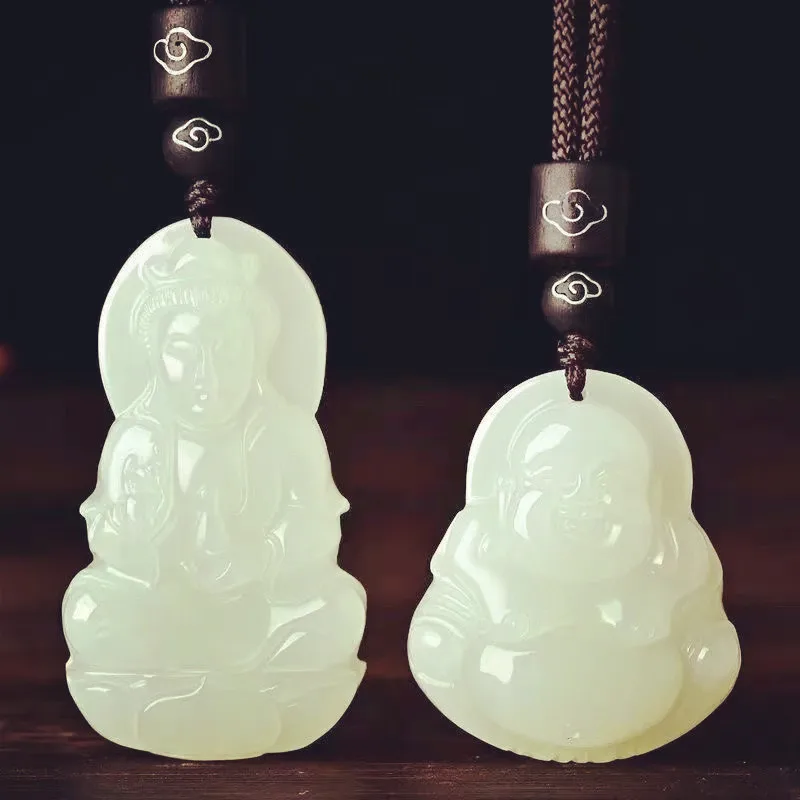 

Afghanistan Jade Avalokitesvara Buddha Male and Female Couple White Jade Avalokitesvara Necklace Laughing Buddha Pendant