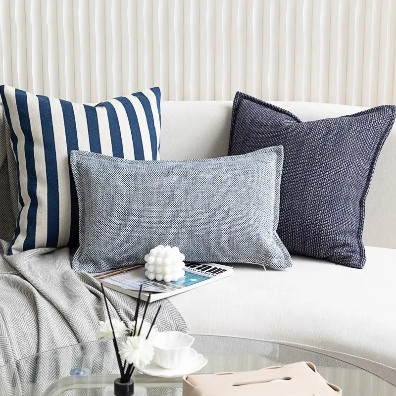 Mediterranean Prussian Blue Pillowcase Striped Pillow Cover Cotton Linen Texture Square Cushion Cover For Home Hotel Sofa Bed