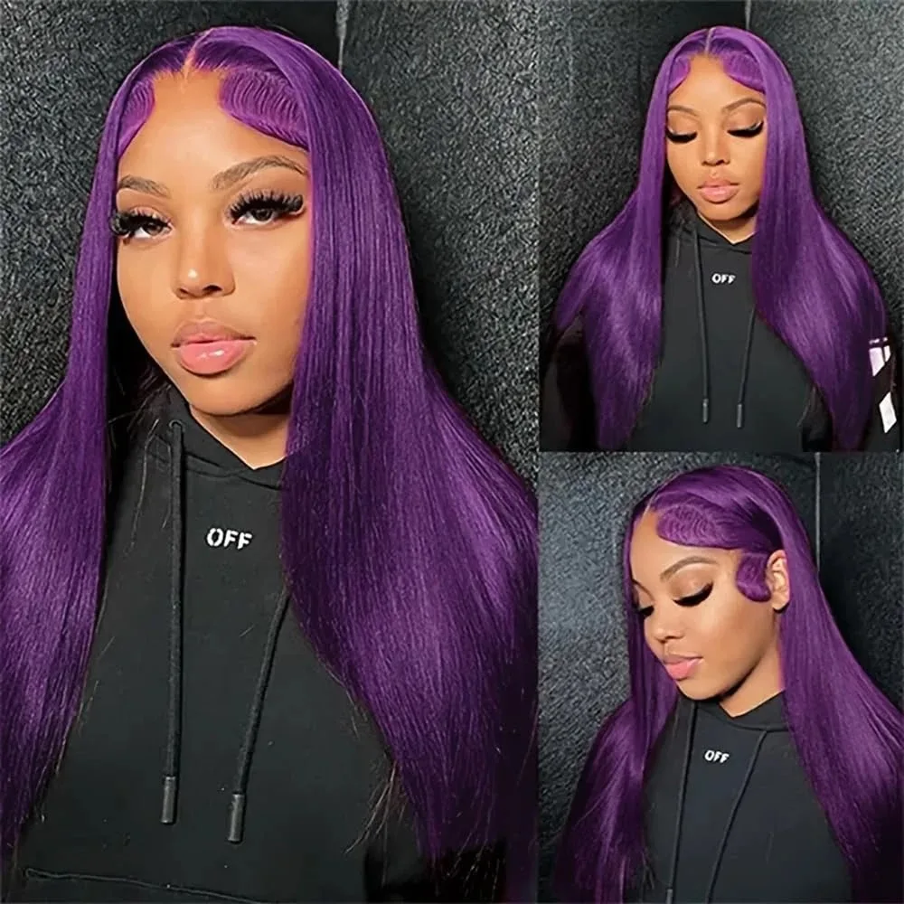 Темно-фиолетовые длинные шелковистые прямые синтетические волосы, свободная часть, бесклеевые 13X4, цветные парики спереди, для женщин, повседневная вечеринка, косплей