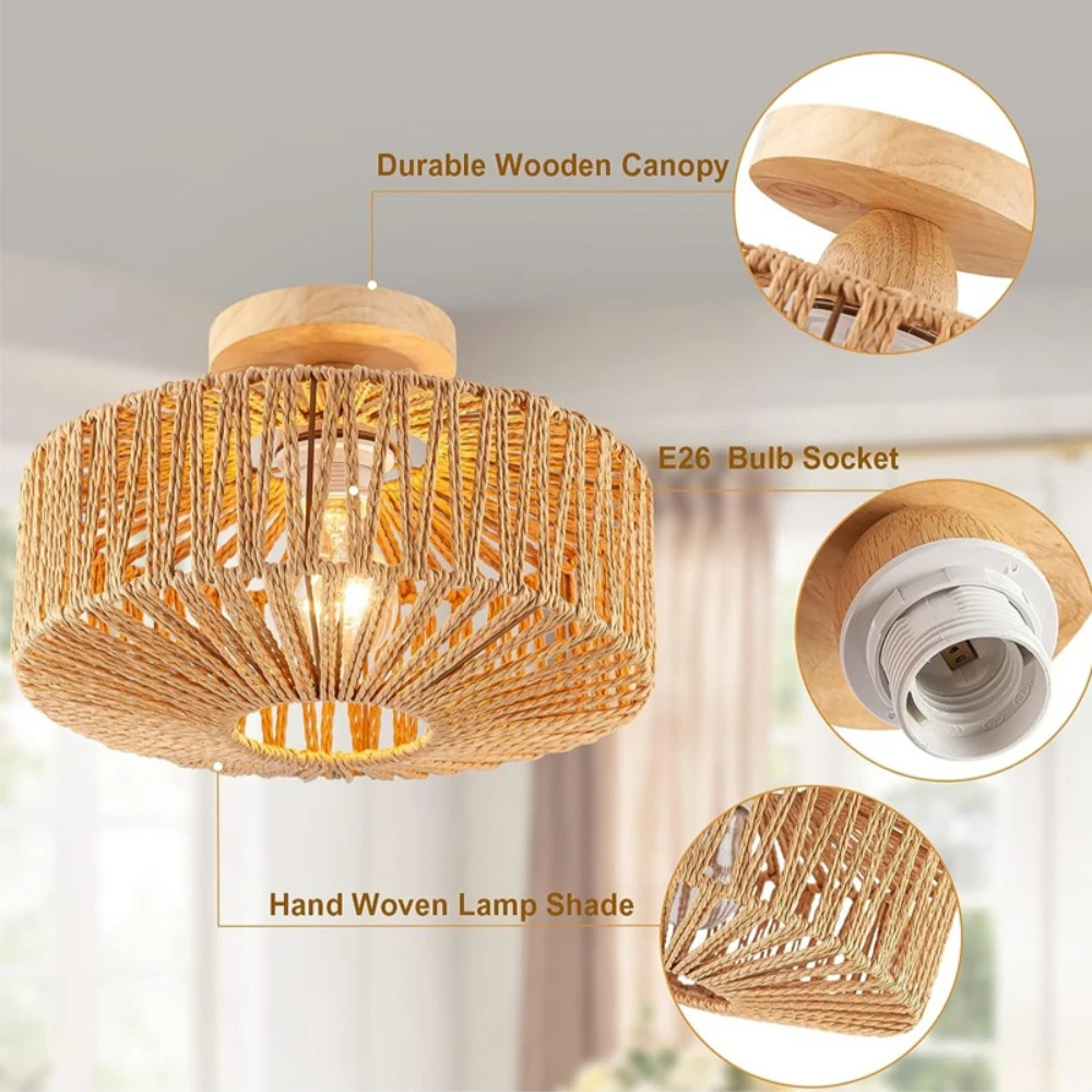 Bohemian ceiling light, LED E26 hemp rope light, natural rattan woven wall light, vintage interior decorative lighting fixtures