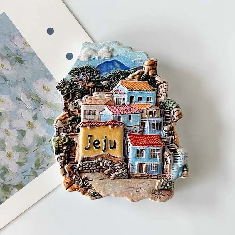 

Jeju, Asia South Korea Fridge Magnet with Traditional Houses, Mountain & Trees Home Decor, Cute Refrigerator Magnet