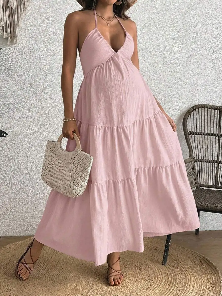 

Maternity Halter Backless Ruffle Hem Casual Vacation Dress