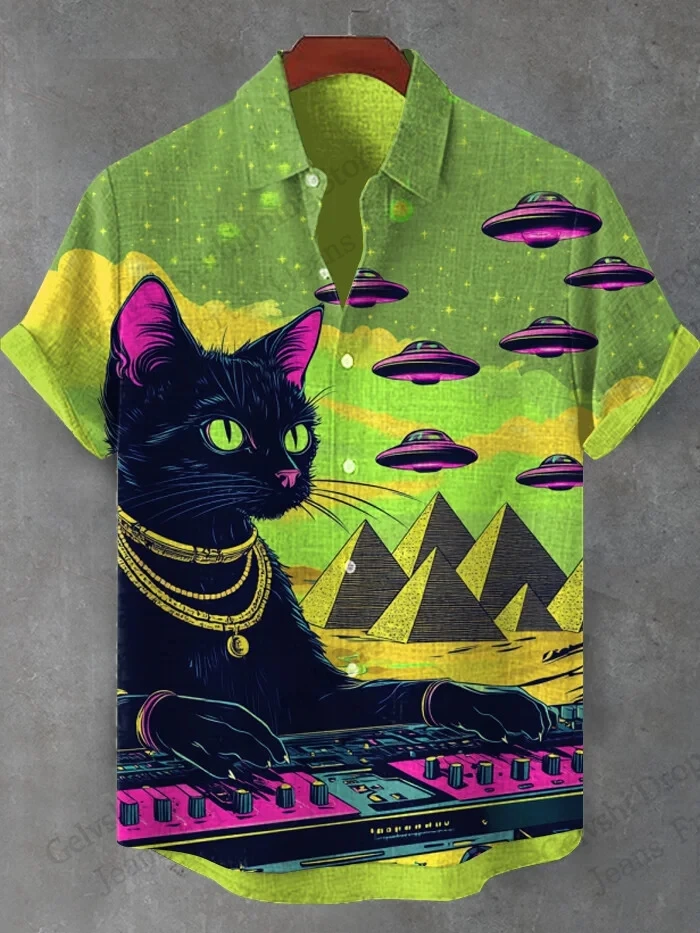 Men Hawaiian Shirt Vacation Dinosaur Shark Cat 3d Print Shirt Casual Short Sleeve Button Lapel Beach Shirts Women Blouse Surfing