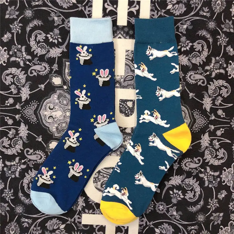

Street Fashion Cotton Adult Indigo Blue Calf Crew Yellow Socks Magic Hat Cartoon Schnauzer Little Rabbit Bunny Alice Running Dog