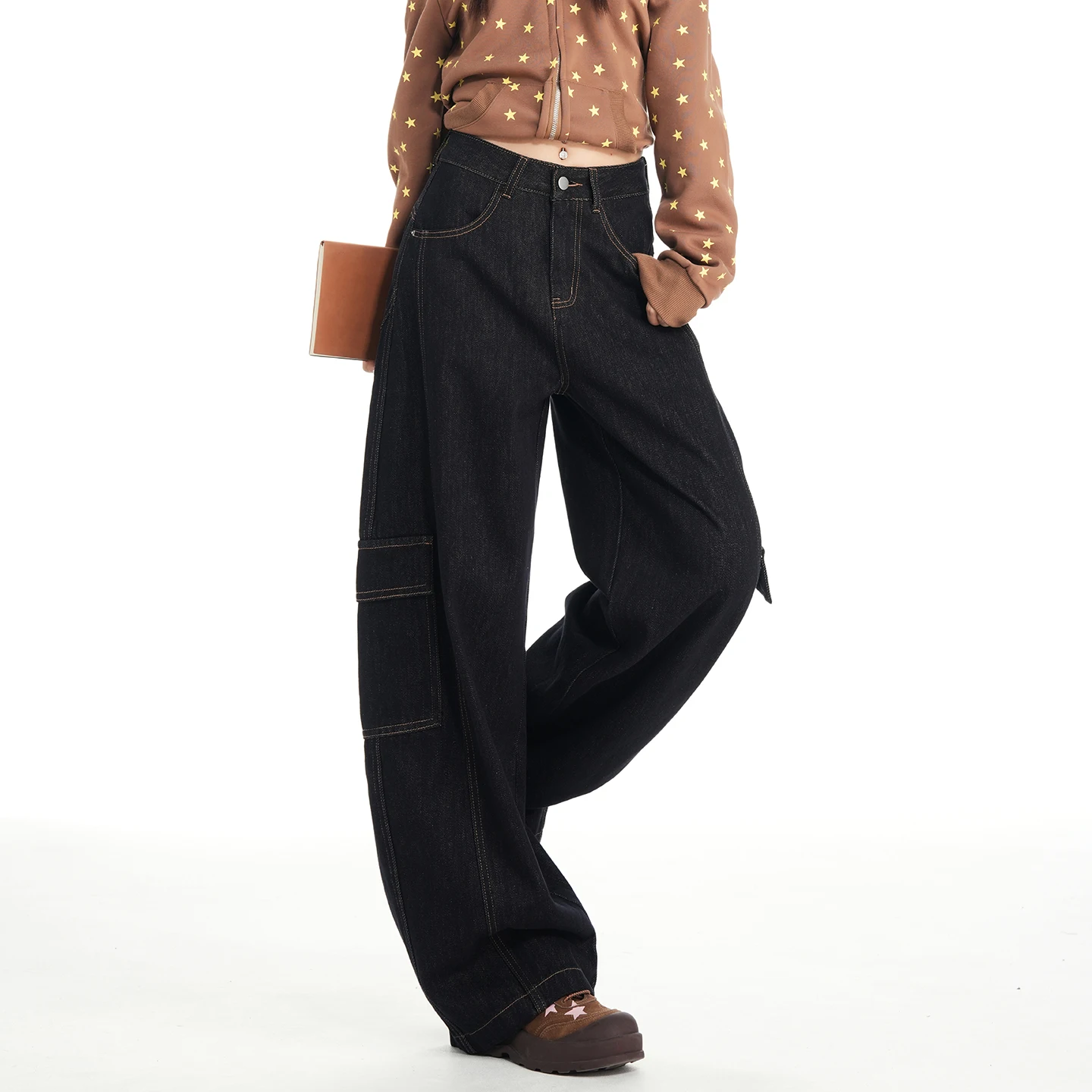 Damskie czarne jeansy z szerokimi nogawkami, wysoki stan, styl Y2K, wiosna 2026, amerykański vintage, casualowe spodnie cargo, luźny krój, długie spodnie damskie, Daza