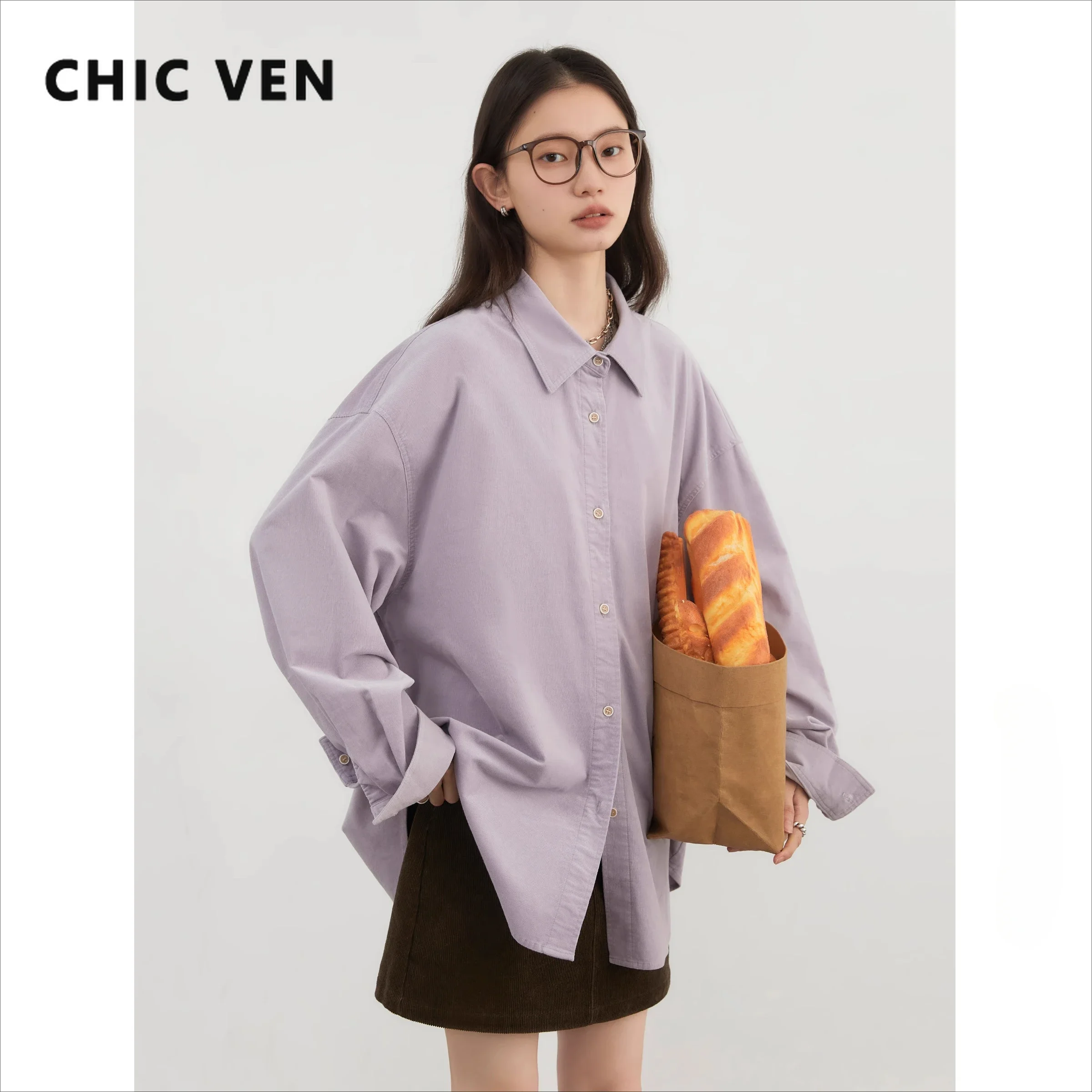 

CHIC VEN Women Shirts Solid Single Breasted Loose Casual Corduroy Shirt Mid-length Female Blouses Girl Tops Spring Summer 2024