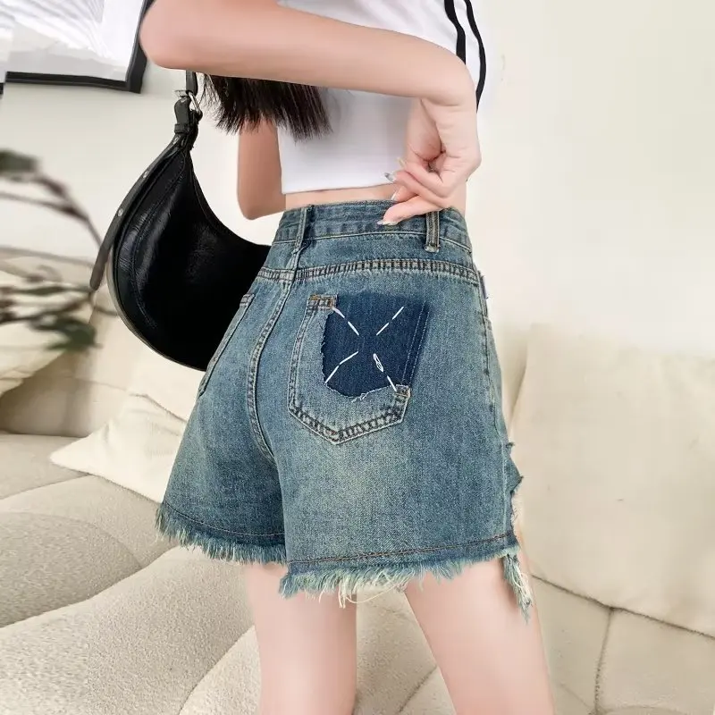 Perforated Jeans Shorts Women\'s Summer High Waisted Straight Tube  Loose Fitting, Wide Leg Spicy Girl Versatile Shorts, Women