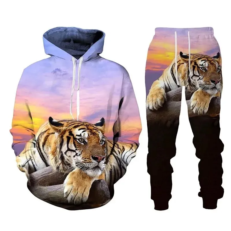 Set hoodie pria, kaus hoodie hewan harimau, celana olahraga bercetak dua potong, Set pakaian mode musim gugur untuk pria