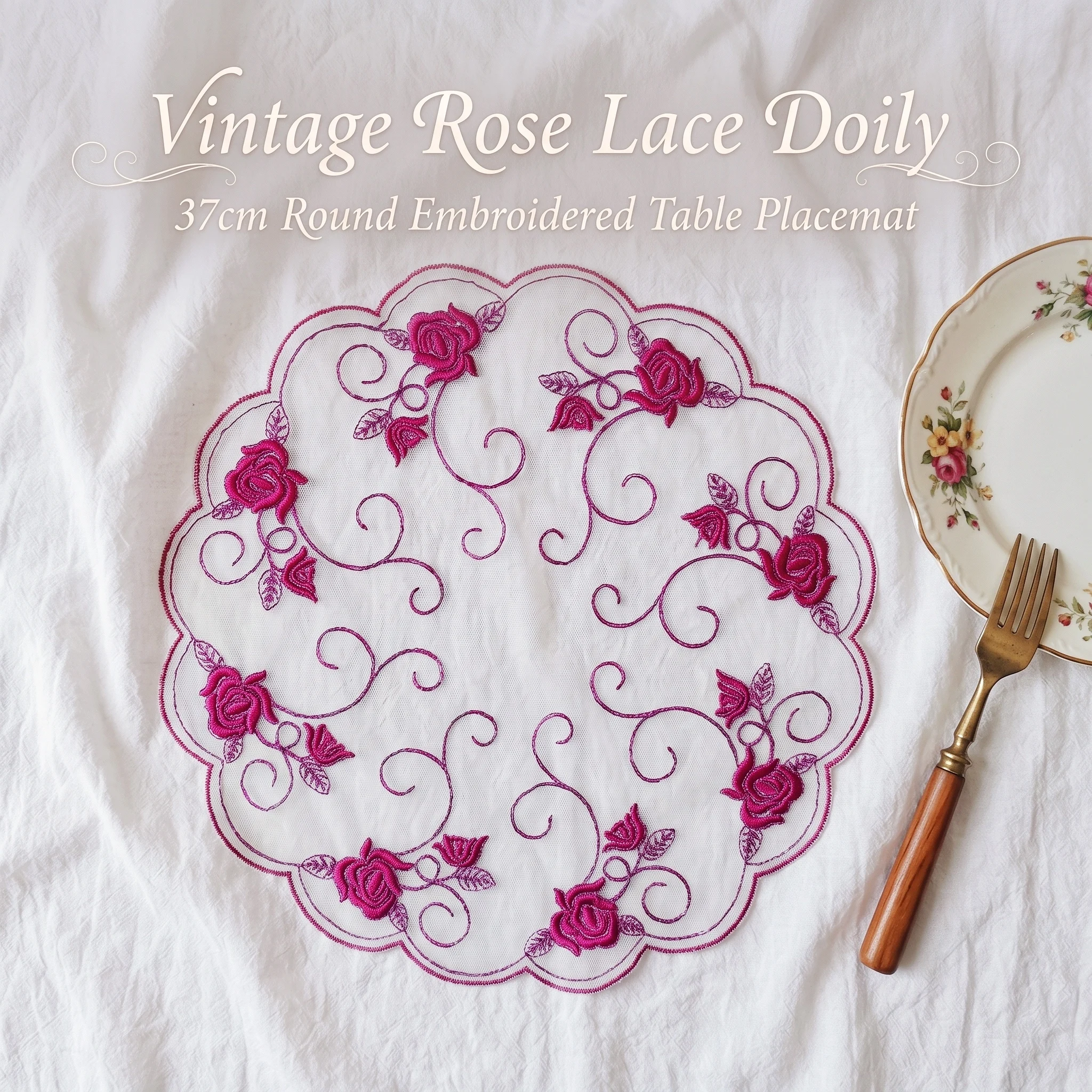Embroidered Placemat Wedding Coasters Washable Round Pink Flower Table Mat Anti Slip Plates Mats  Dining Table Decor Accessories