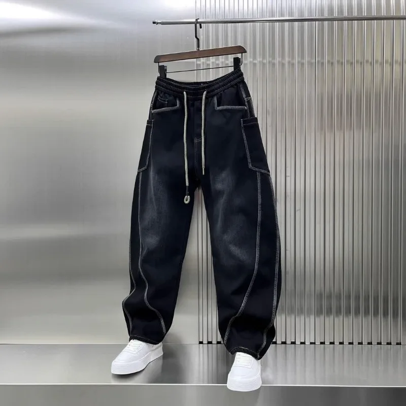 Men Spring or Autumn Loose Straight Leg Wide-leg Pants Vintage Patchwork Pants High Quality American Heavy Casual Scimitar Jeans