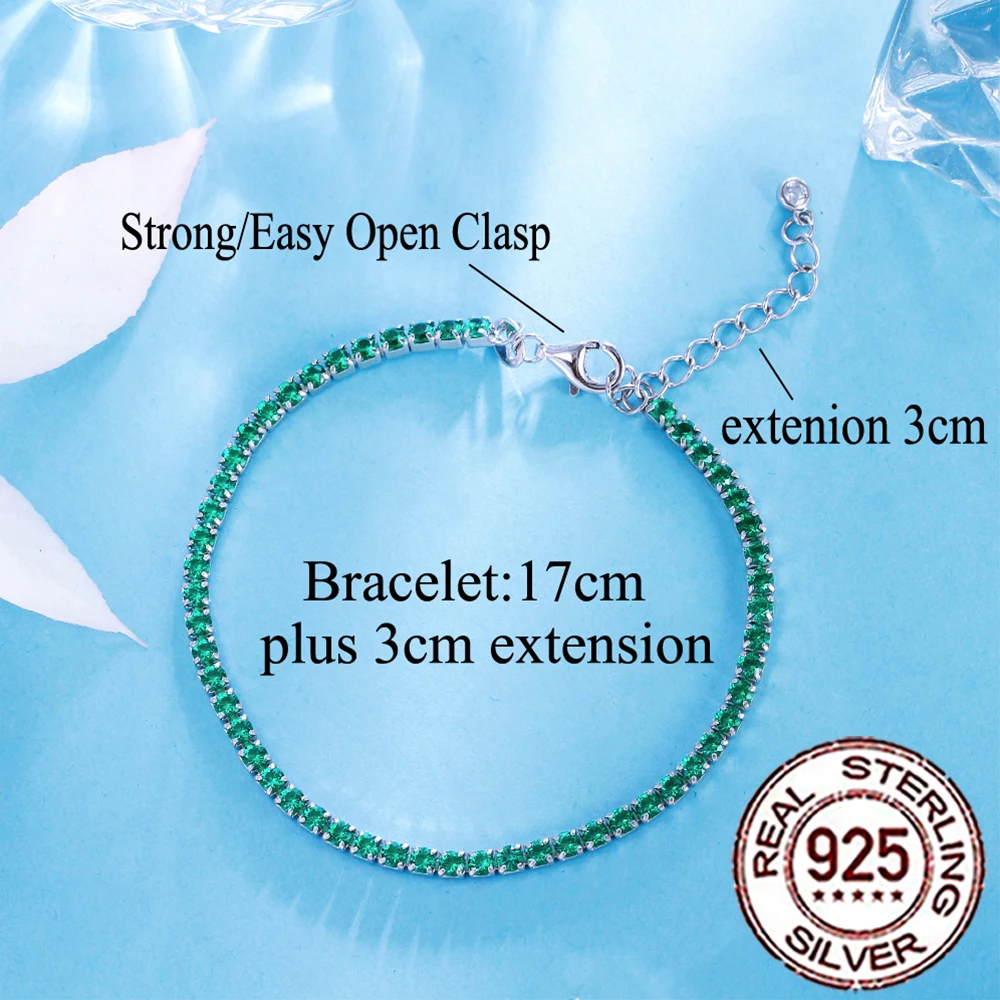 QooLady 925 Sterling Silver Chic Round Green CZ Tennis Bracelet Chain for Women Evening Party Daily Jewelry Accessories SB032