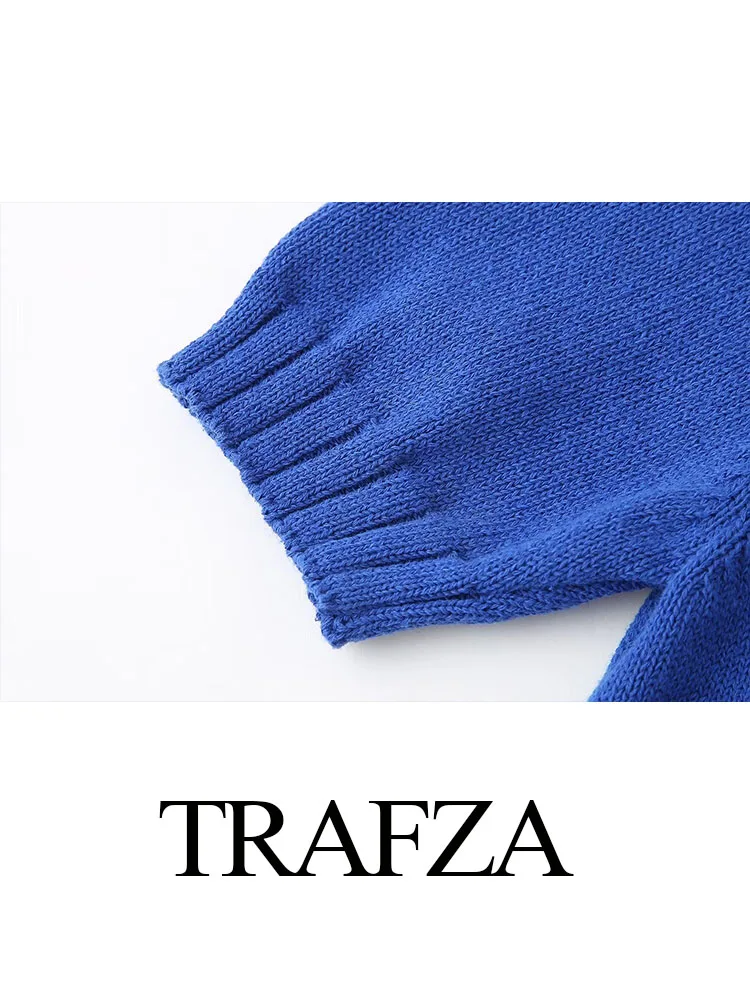 TRAFZA Women Fashion Knitted Tops Dark Blue O-Neck Short Sleeves Single Breasted Female Summer Casual Cardigan Coats Traf