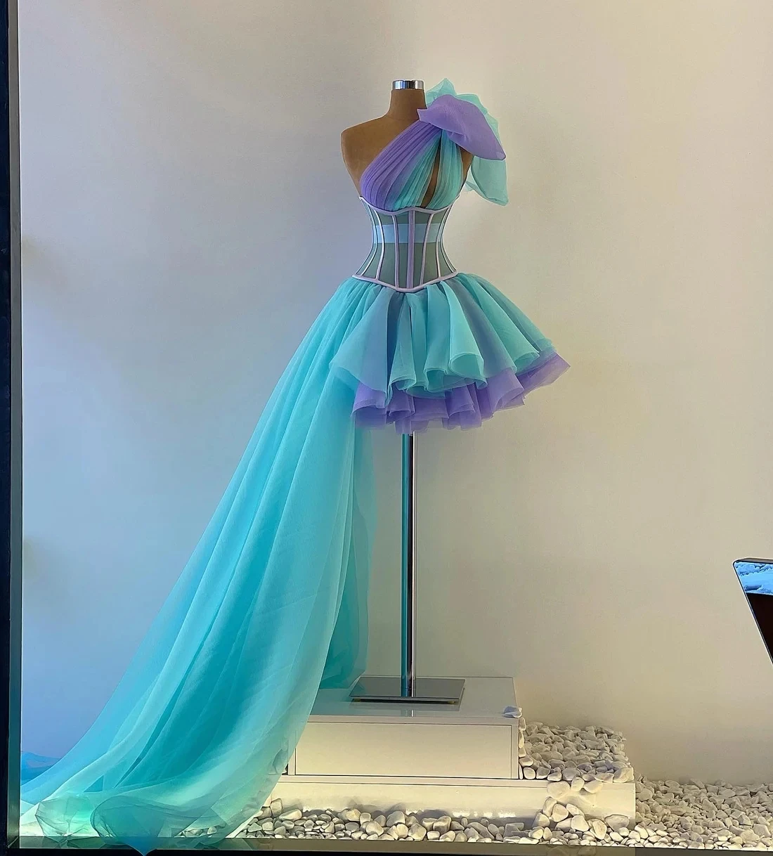 Turquoise Cocktail Dresses A-line One-shoulder Short Mini Tulle Homecoming Dresses Haute Couture Customized