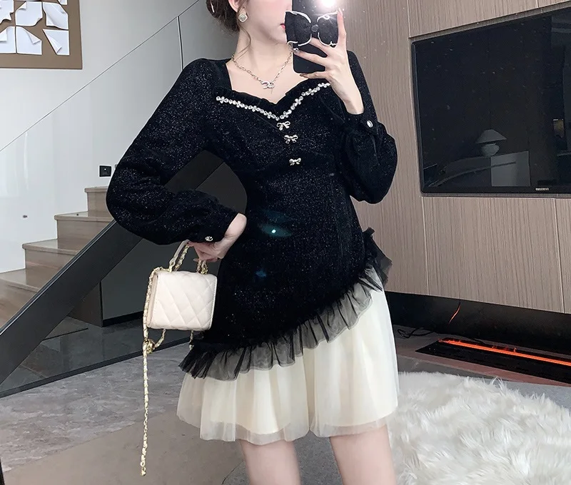 2023 Autumn/Winter New High end Heavy Industry Splicing Colored Mesh Waist Wrapped Dress, Fluffy Skirt, Long sleeved Short Skirt