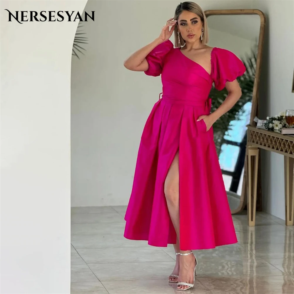 Nersesyan Pink Solid Satin Party Gowns For Occasional Prom A-Line Short Puff Sleeves Tea Length Evening Dresses With Bow Back