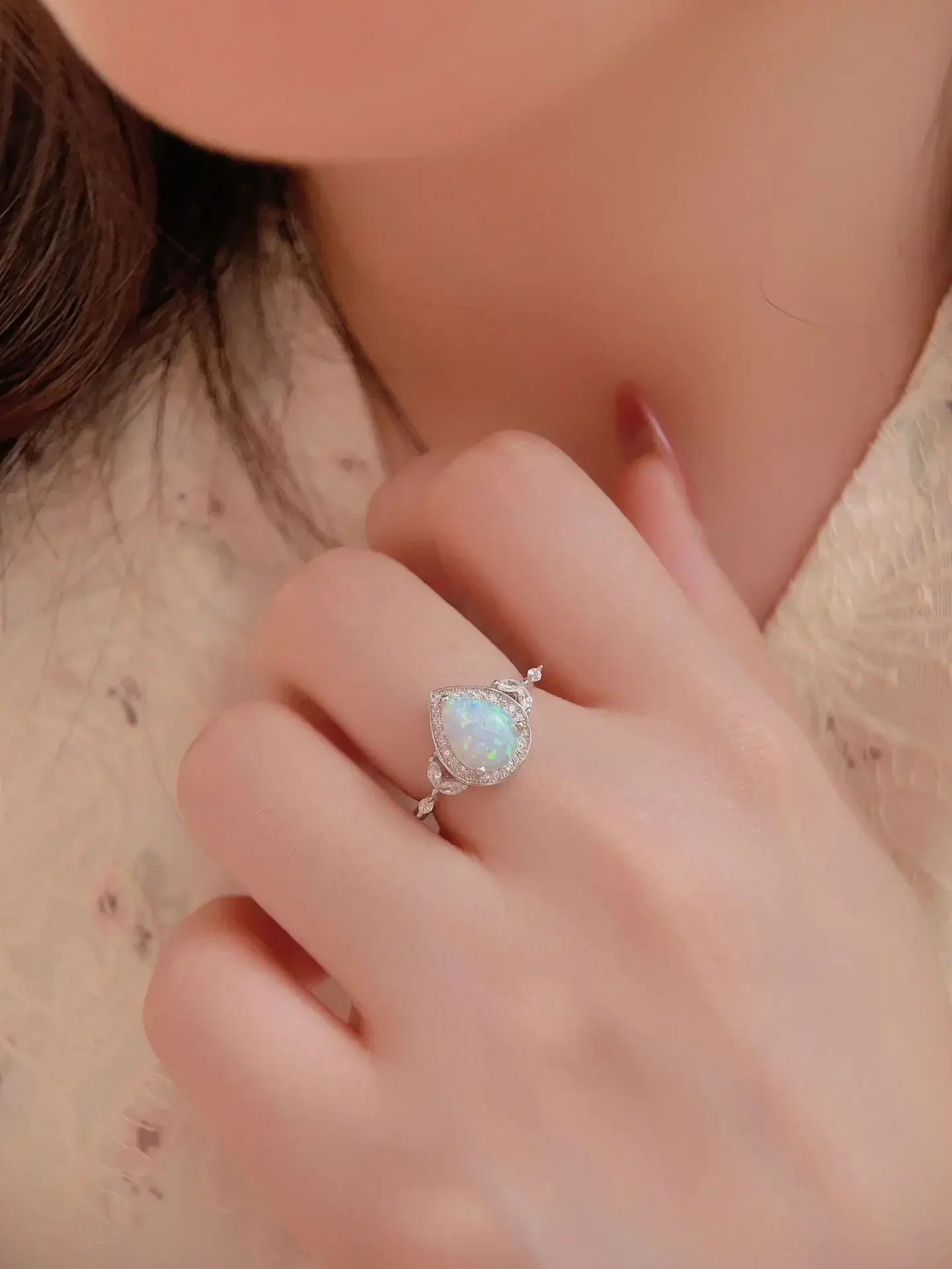 New Product 100% 925 Silver Women's Ring Inlaid with Zircon and White Water Drop Opal with Trendy Style for Party Wearing