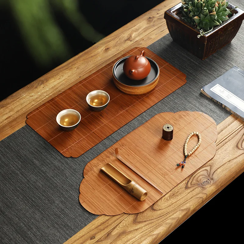 Bamboo Woven Lacquer Tea Mat Chinese Retro Table and Flag Tea Table Mat Double-sided Placemat Insulated Mat