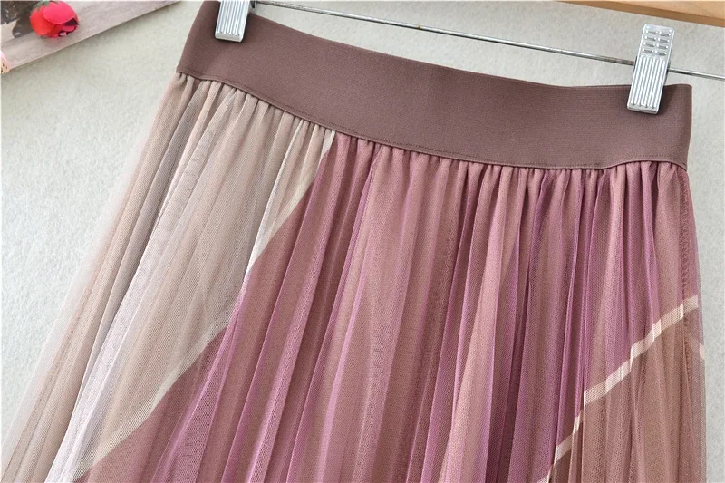 Muslim Women Elegant Double-Layer Mesh Midi Skirts Fashion Girls Ladies Streetwear High Waist Tulle Pleated Skirt  muslim skirt