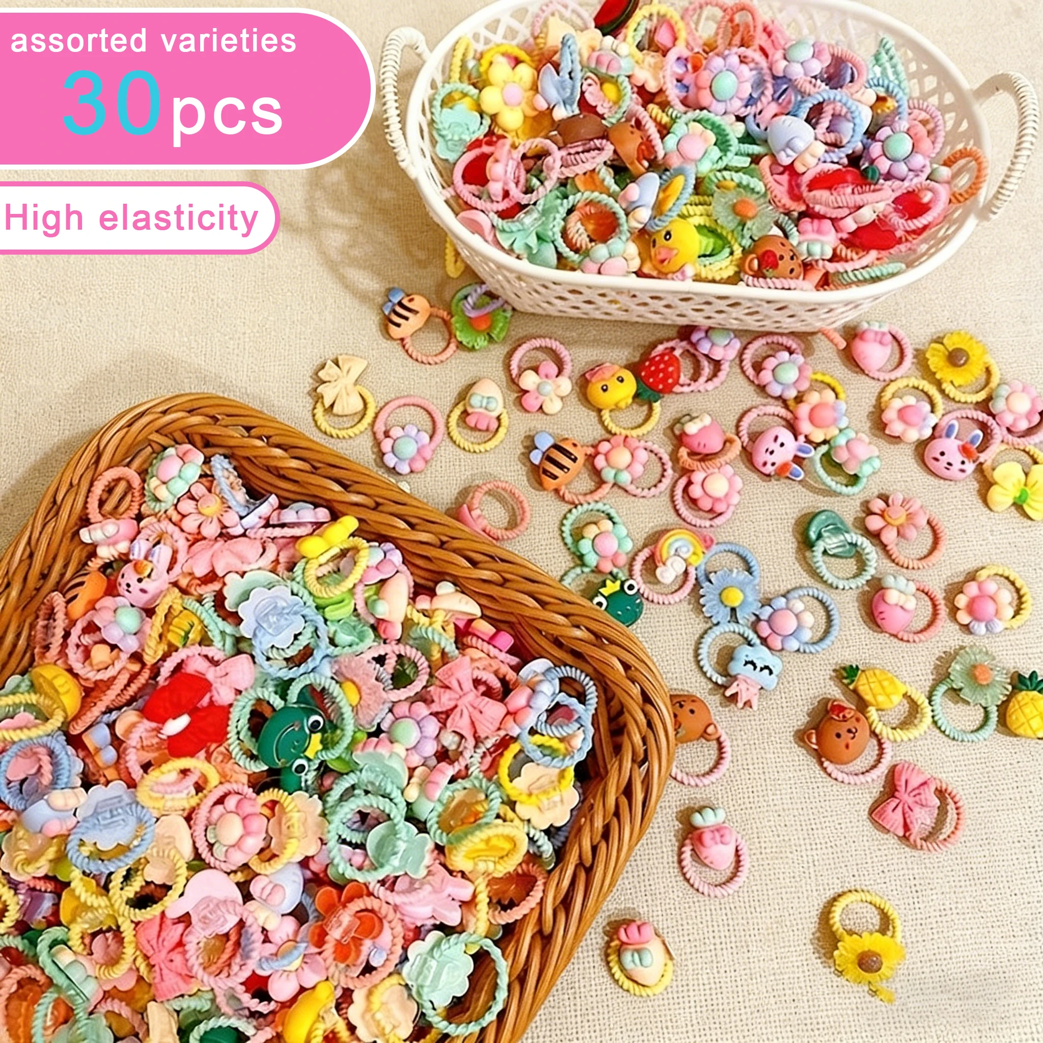 

30PCS Girls Hair Ties & Braiding Strings, Super Elastic Resin Polyester Bands for Hairstyling, Seamless Durable Hair Accessories