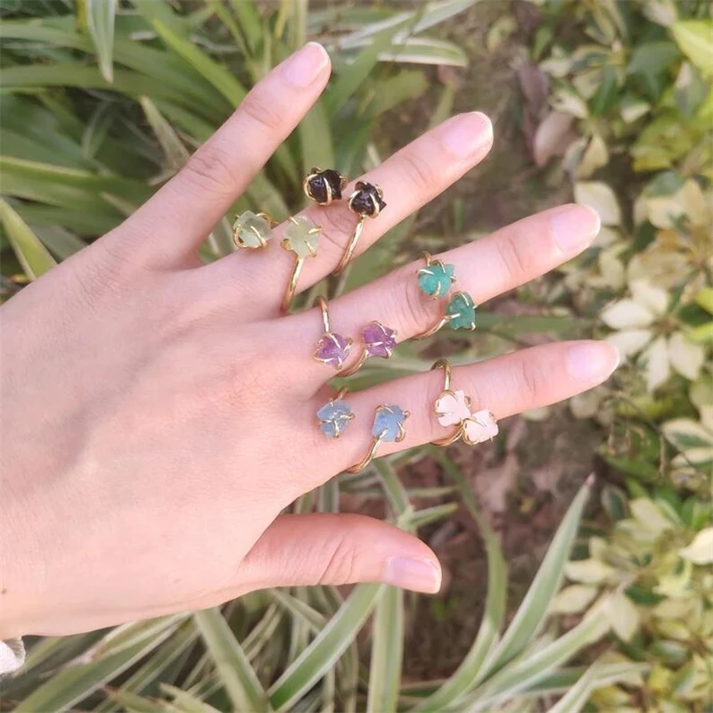 Fashion Natural Stone Powder Crystal Amethyst Adjustable Ring for Women Personalized Stainless Steel Ring Jewelry Accessories