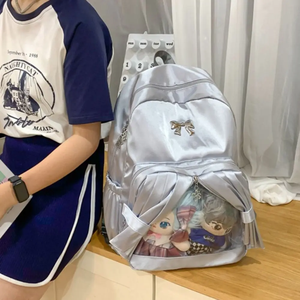 

Large Capacity Transparent Pocket Curtain Backpack Clear Nylon Cotton Doll Itabag Bow Creative Badge Display Ita Bag Anime Expo