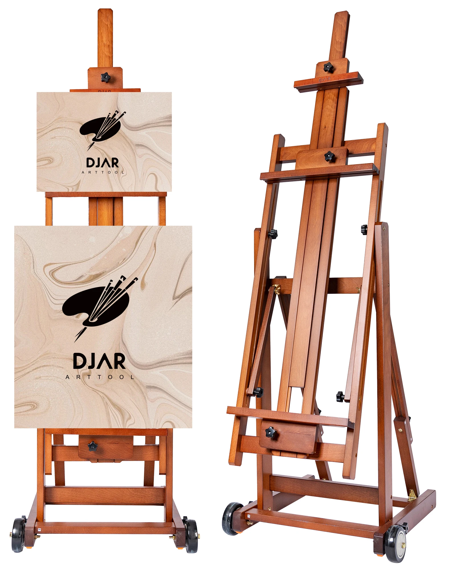 DJAR Large H-Frame Studio Easel Stand, Heavy-Duty Solid Beech Wood Rolling Painting Easel with Wheels, Adjustable & Tilting Flat Floor Easel for Artists, Holds 1 or 2 Canvases up to 78