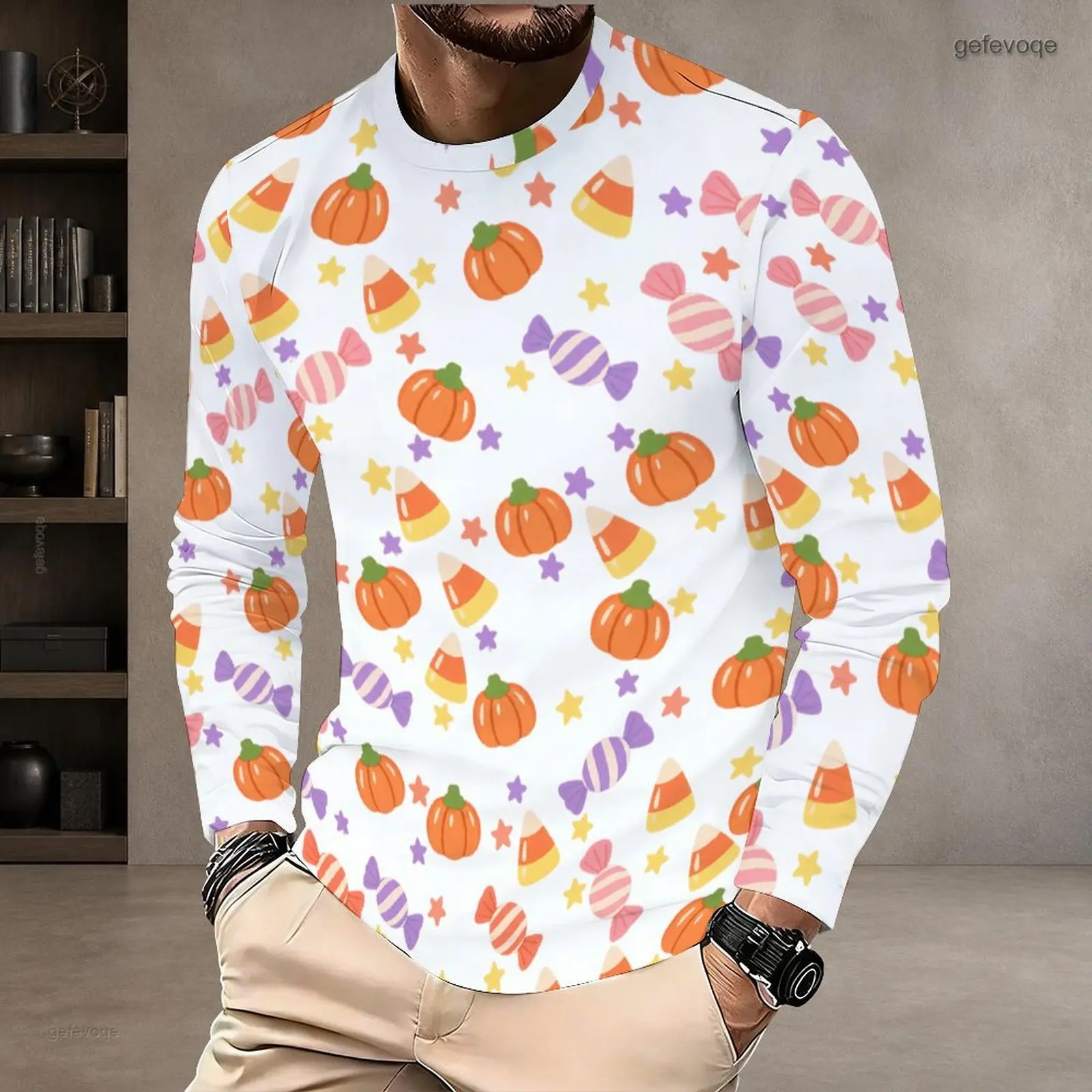 Round Neck Long Sleeve Pullover Straight Hem Printed T Shirt for Men