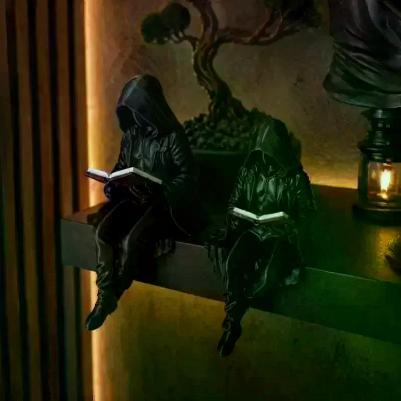 Grim Reaper Reading Statue Resin Black Hooded Skull Miniature Halloween Desktop Gothic Decor