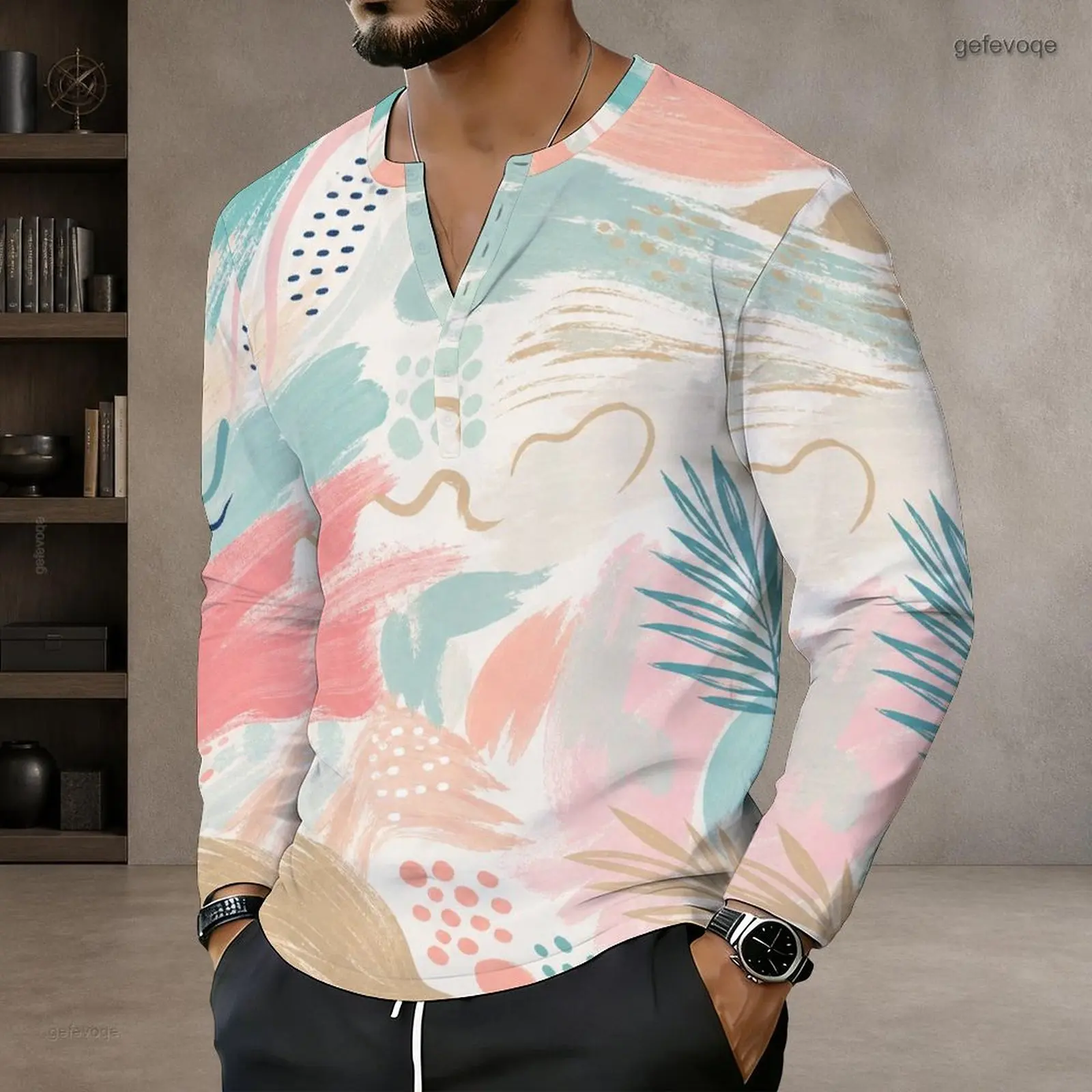 Men Notch Neck Long Sleeve Pullover Straight Hem Printed Top