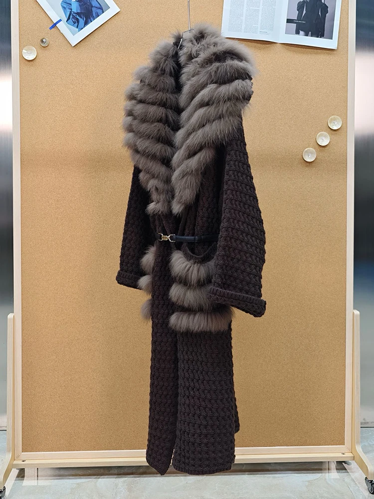 New Arrival Women Winter Coffee Big Real Fox Fur Collar Sweater Coat Lady's Thick Slim Belt Sweater Knitted Coat