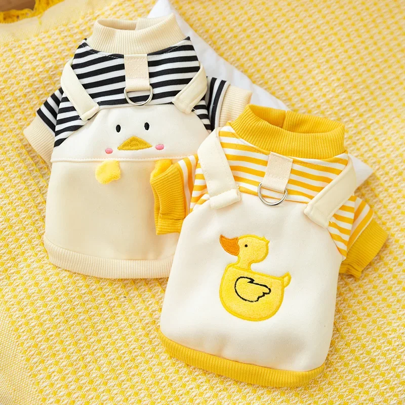 Autumn and Winter Cute Little Penguin Striped Cartoon Suspender Two Leg Hoodie Cat Plush Pet Teddy Clothes Puppy Clothes