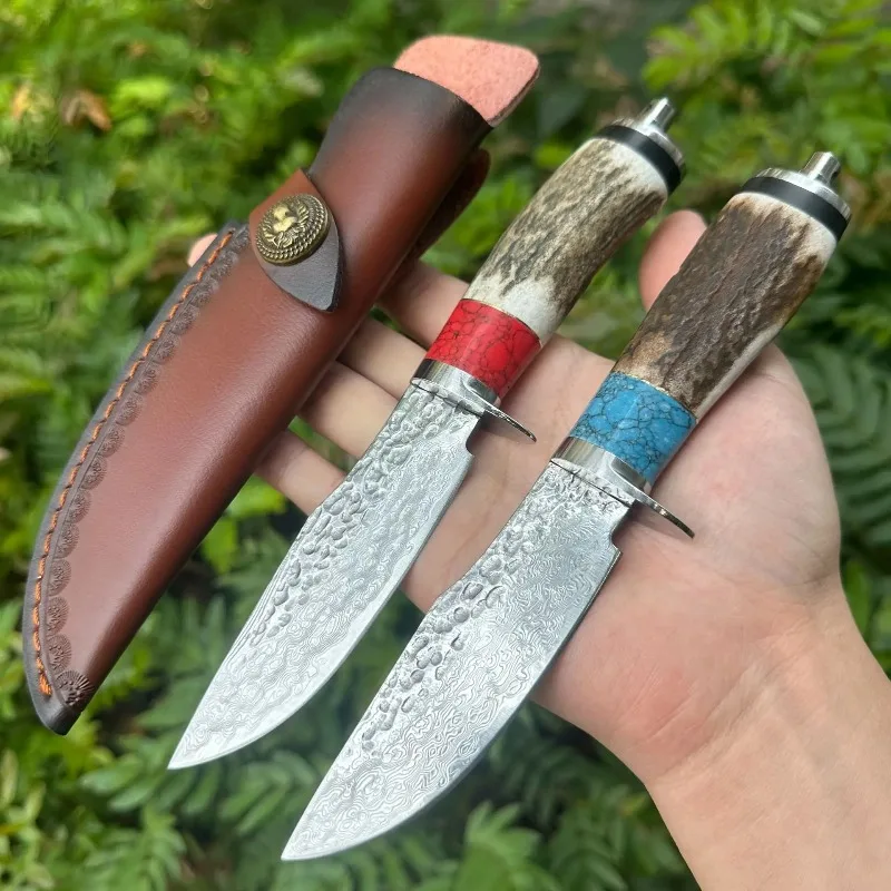 

Outdoor collection straight knife Damascus VG10 hammer patterned mirror light blade deer horn handle with cowhide knife cover