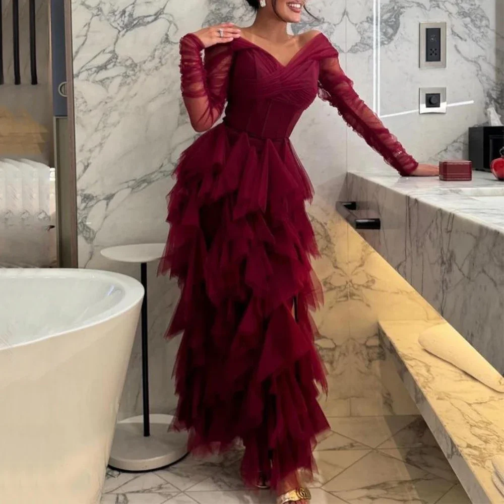 Flechazo Burgundy Tulle Evening Dress V-Neck Long Sleeves Straight with Ruffles Pleat Women Customized Lace Up فساتين سهره