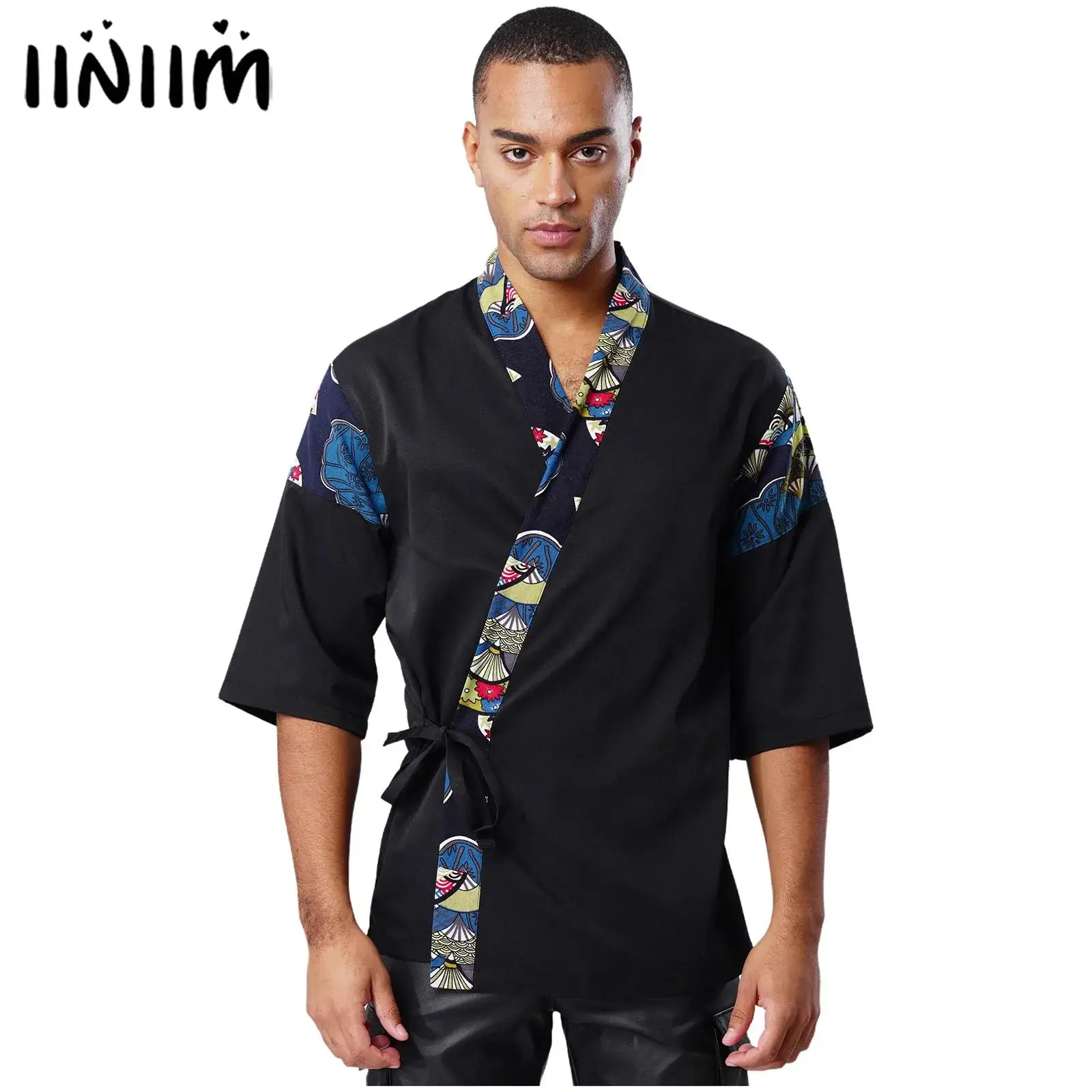 

Mens Womens Japanese Sushi Chef Coat Traditional Floral Printed Lace-up Kimono Jackets Japanese Cuisine Restaurant Cook Workwear