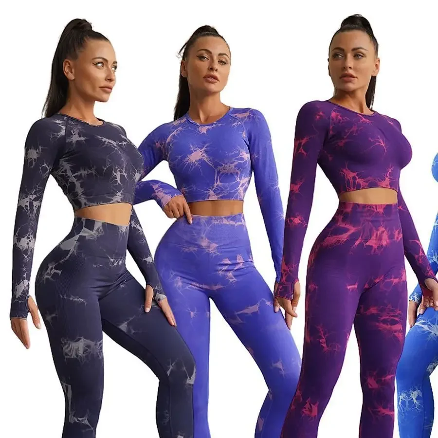 Seamless Tie-Dye Yoga Sets Sports Fitness High Waist Hip-lifting Trousers Long-sleeved Suits Workout Gym Leggings Sets for Women