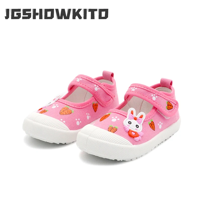 JGSHOWKITO Girls Canvas Shoes Soft Sports Shoes Kids Running Sneakers Candy  With Cartoon Rabbit Carrots Prints Children