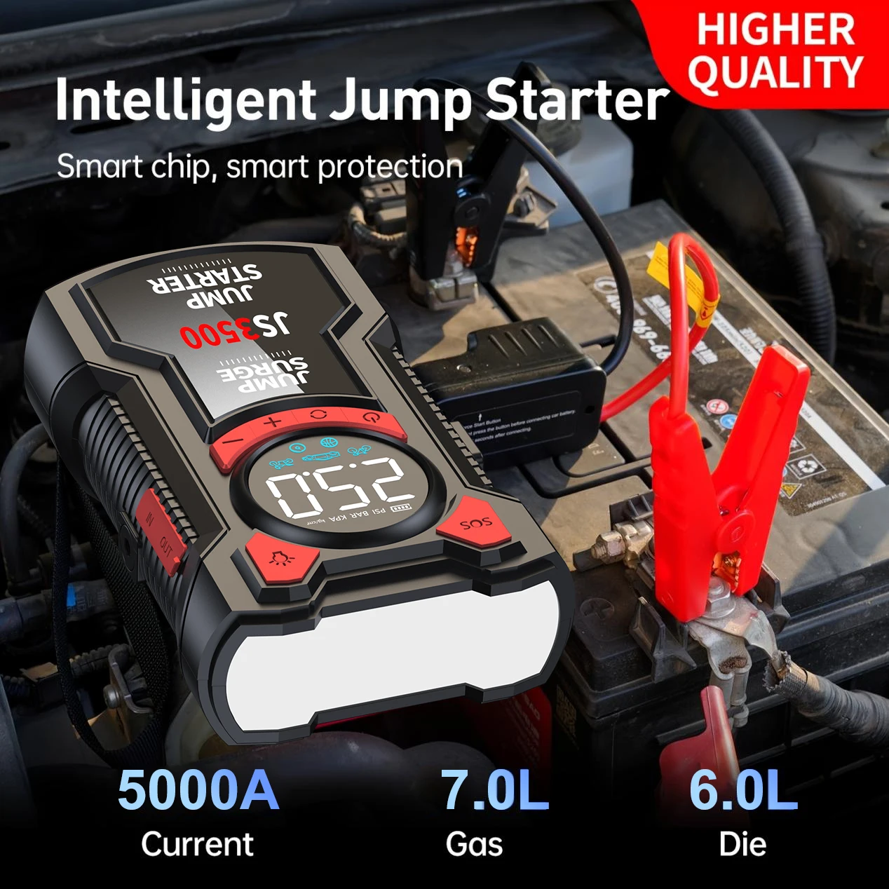 5000A Car Battery Jump Starter with Air Compressor 150PSI Tire Inflator 12V Car Battery Jump Box Portable Air Pump