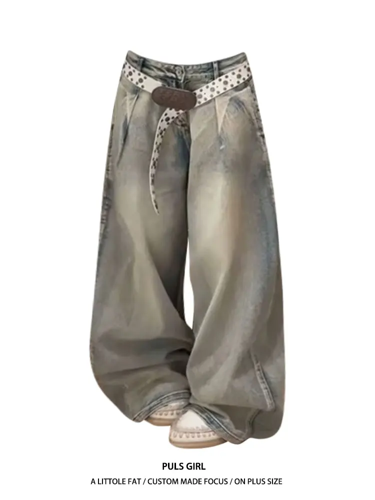 

American Style Vintage Large Size Washed Bleached Pleated Wide Leg Jeans Women's Loose Slimming Trousers Casual High Waist