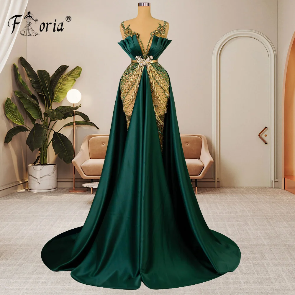 Luxury Emerald Green Mermaid Formal Party Dress Full Beadings Middle Woman Evening Dresses Sweep Tain فساتين للحفلات الراقصة