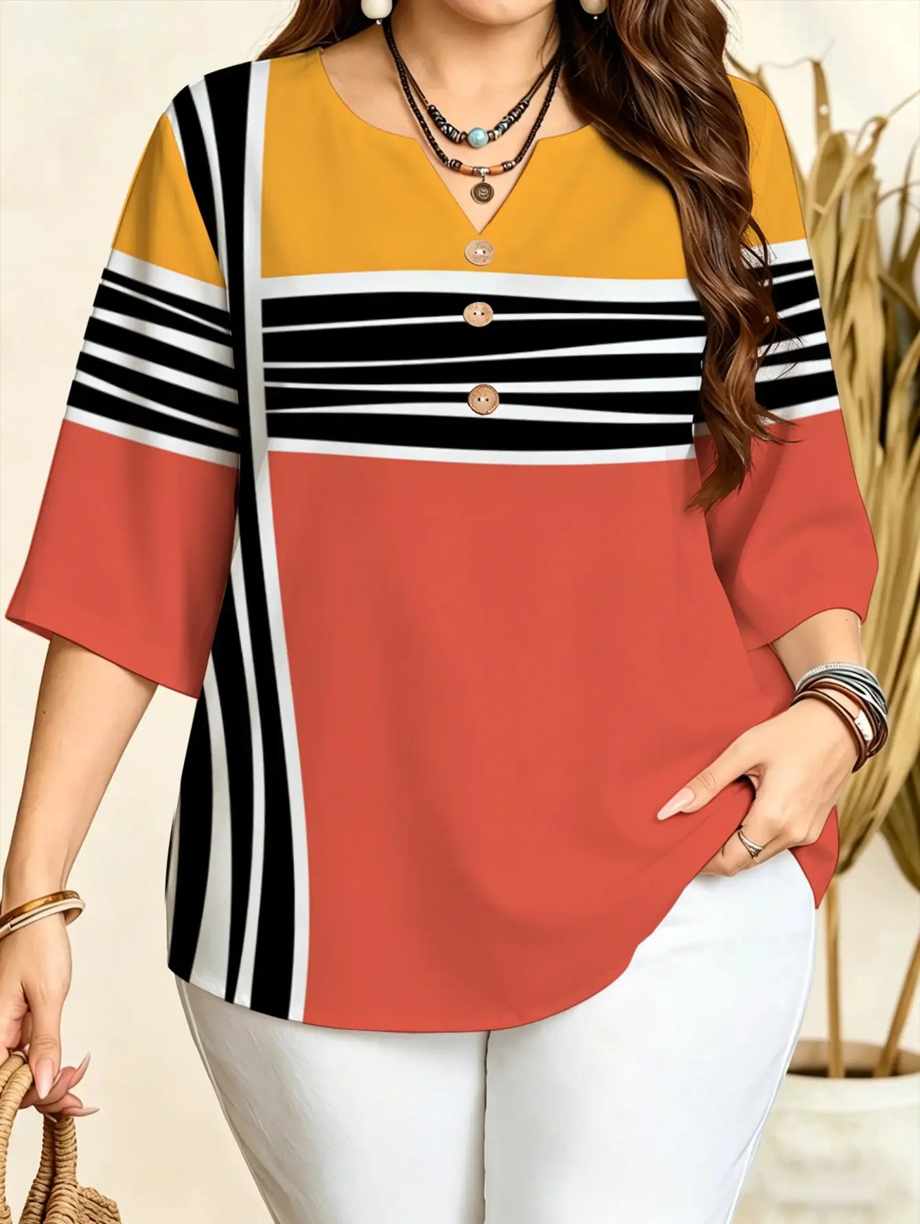 Plus Size Notch V Neck Blouse 3 Decorative Buttons 3/4 Sleeve Loose Color Block Print Women Summer Casual Top