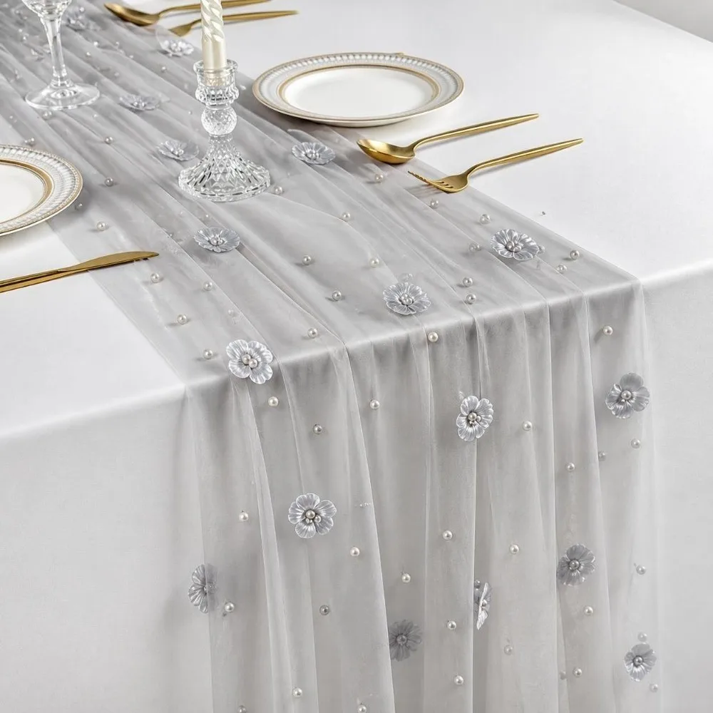 New 75*300CM Tulle Table Runner Polyester Romantic Floral Table Runner Elegant Vintage Sheer Table Cover For Table Decoration