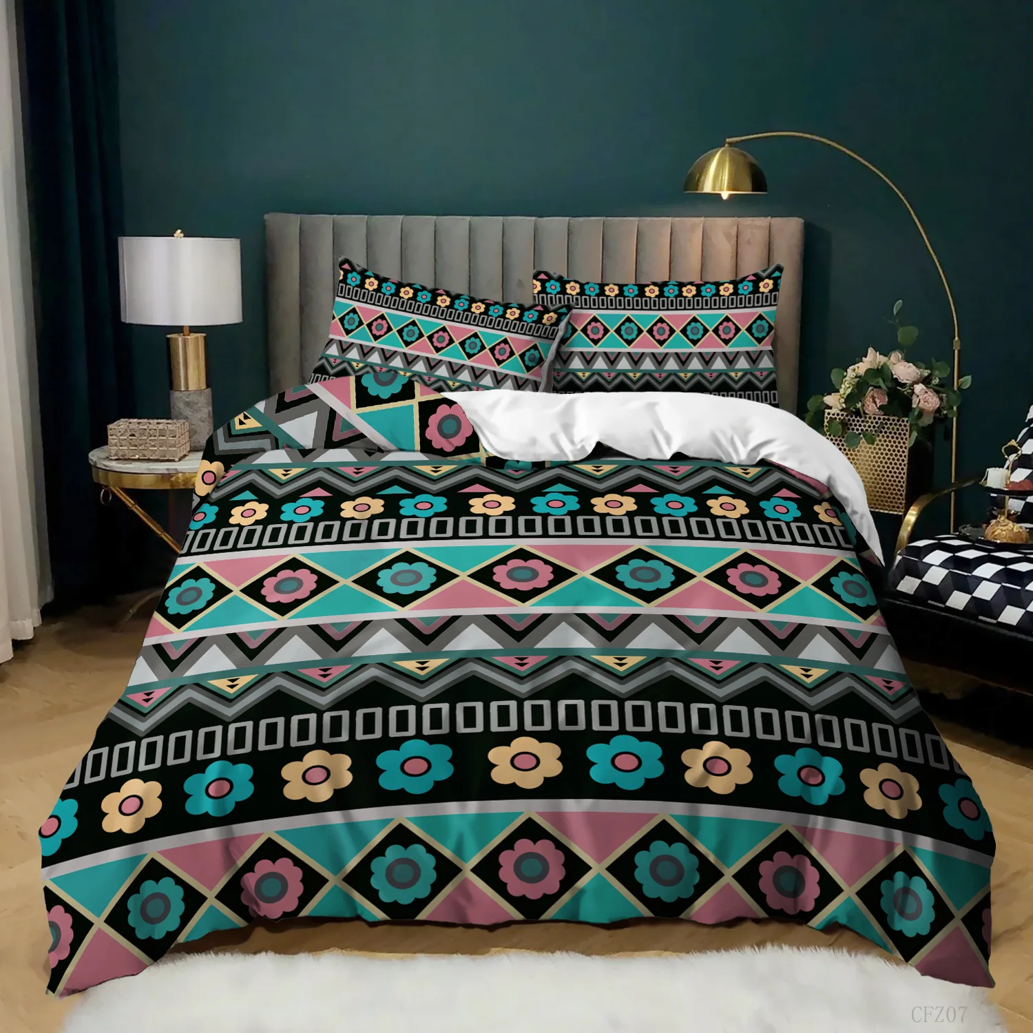 Boho Duvet Cover Striped Ethnic Bedding Country Style Comforter Cover Colourful Moroccan Southwestern Indian Tribal Bedding King