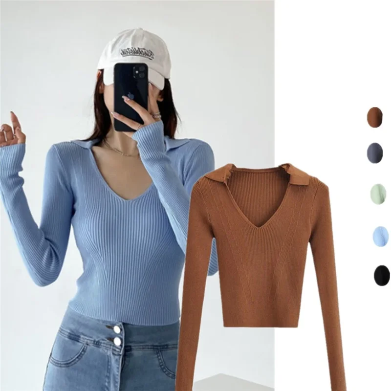 

Трикотажная основа Spicy Deep V Ne с низкой грудью и плотным воротником Bone Slim с высокой талией Top Street Sle Long Sve...