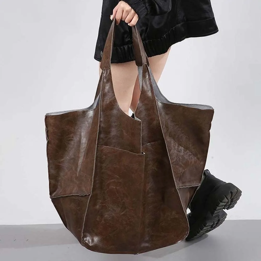 

Casual Soft PU Tote Bag Magnetic Button Multi-Pocket Large Capacity Shoulder Bag Rretro Solid Color Versatile Commuting Handbag