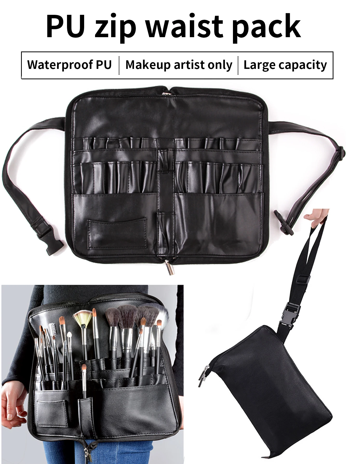 PU large capacity waterproof makeup brush storage bag Folding zipper bag Makeup artists full makeup Fanny pack