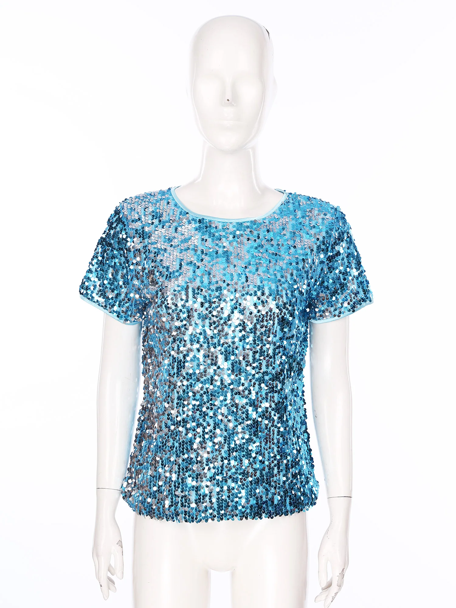 Women Sparkly Sequins Shirts Top Rave Dance Clothes Round Neck Short Sleeve T-Shirts for Cocktail Party Music Festival Nightclub